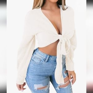 Women's White Tie Front Long Sleeve Crop Top